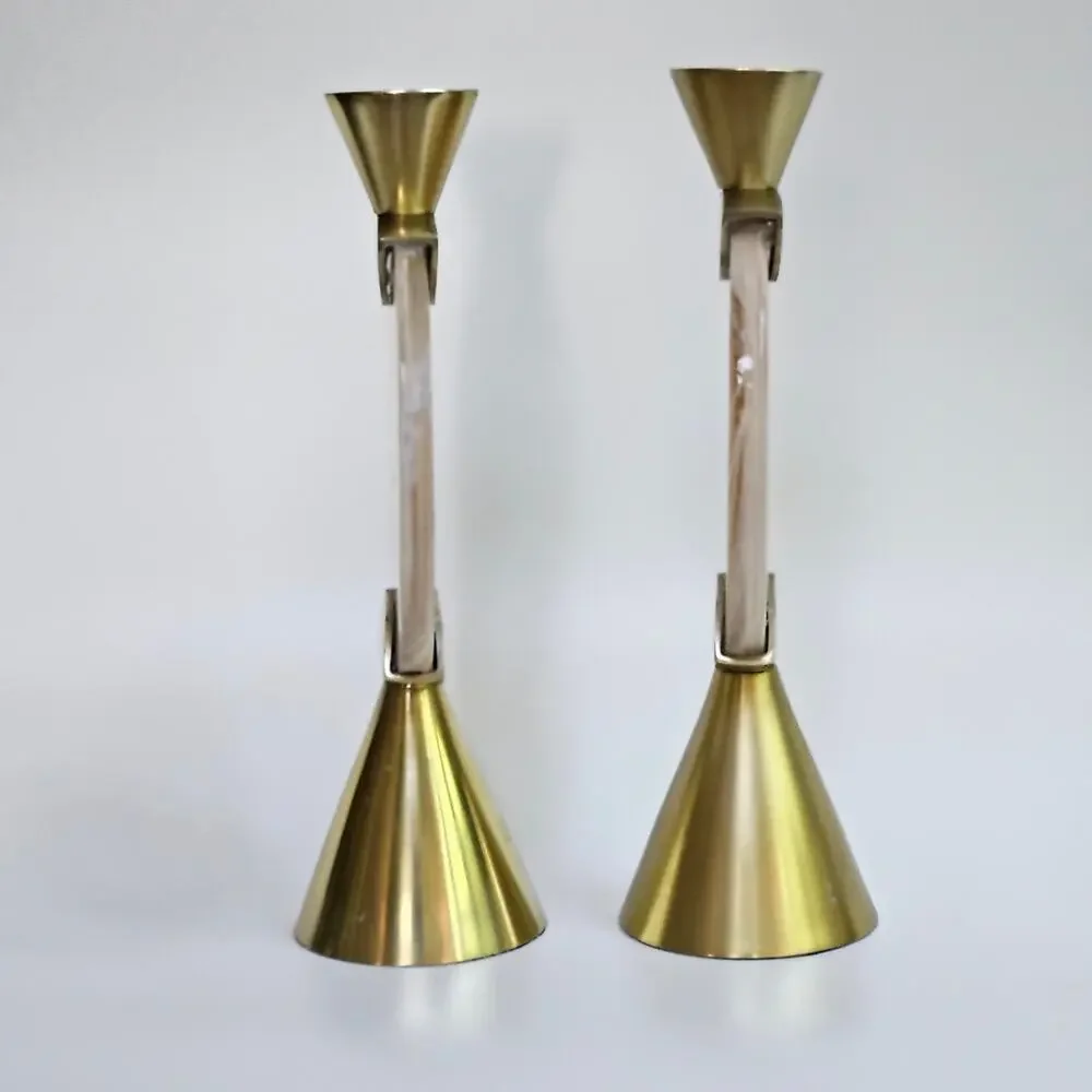 Anthropologie Francine Taper Candle Holder | Modern Blush Swirl Glass and Brass